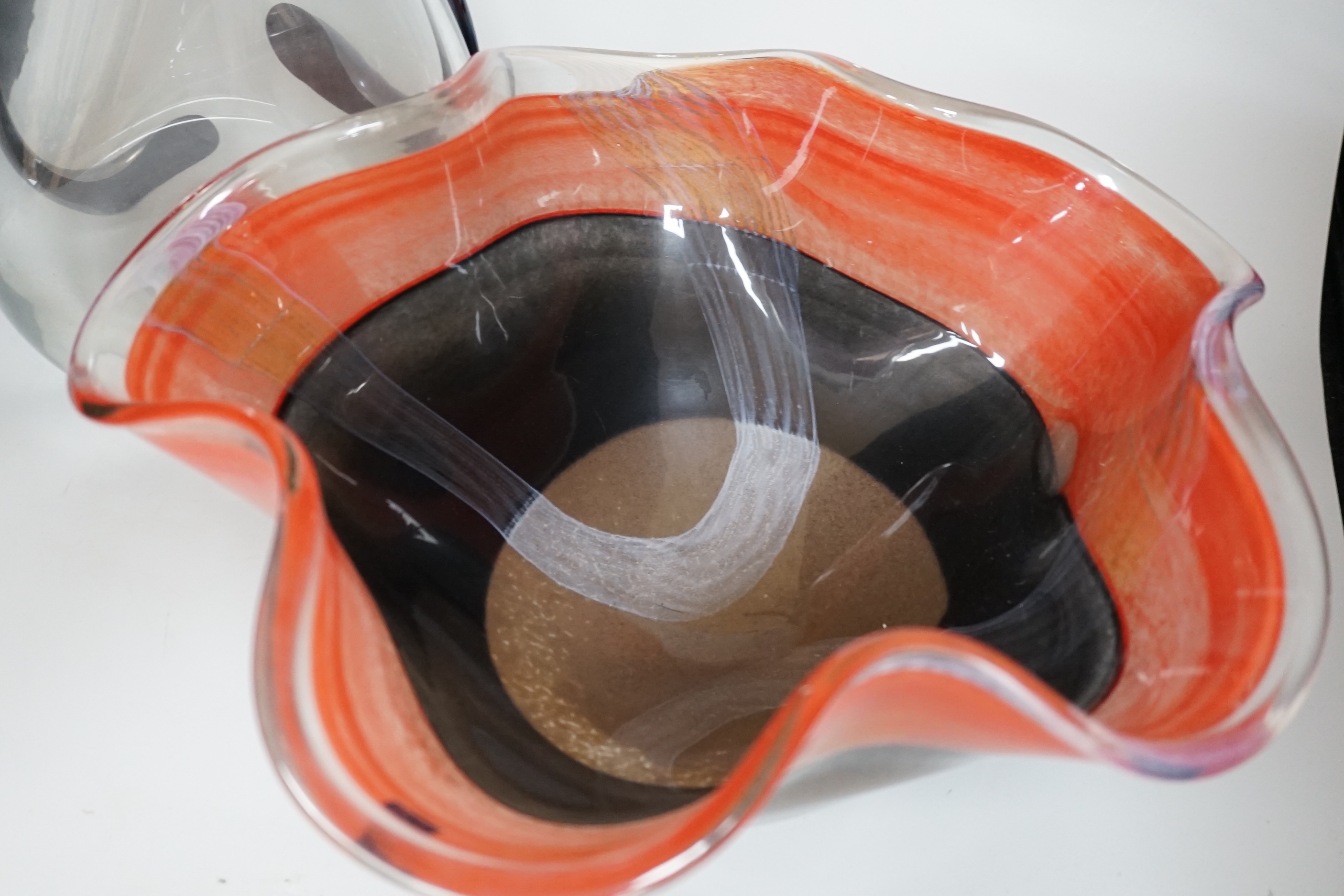 An Art glass bowl, labelled Svaja and a similar unmarked art glass vase, 40cm wide